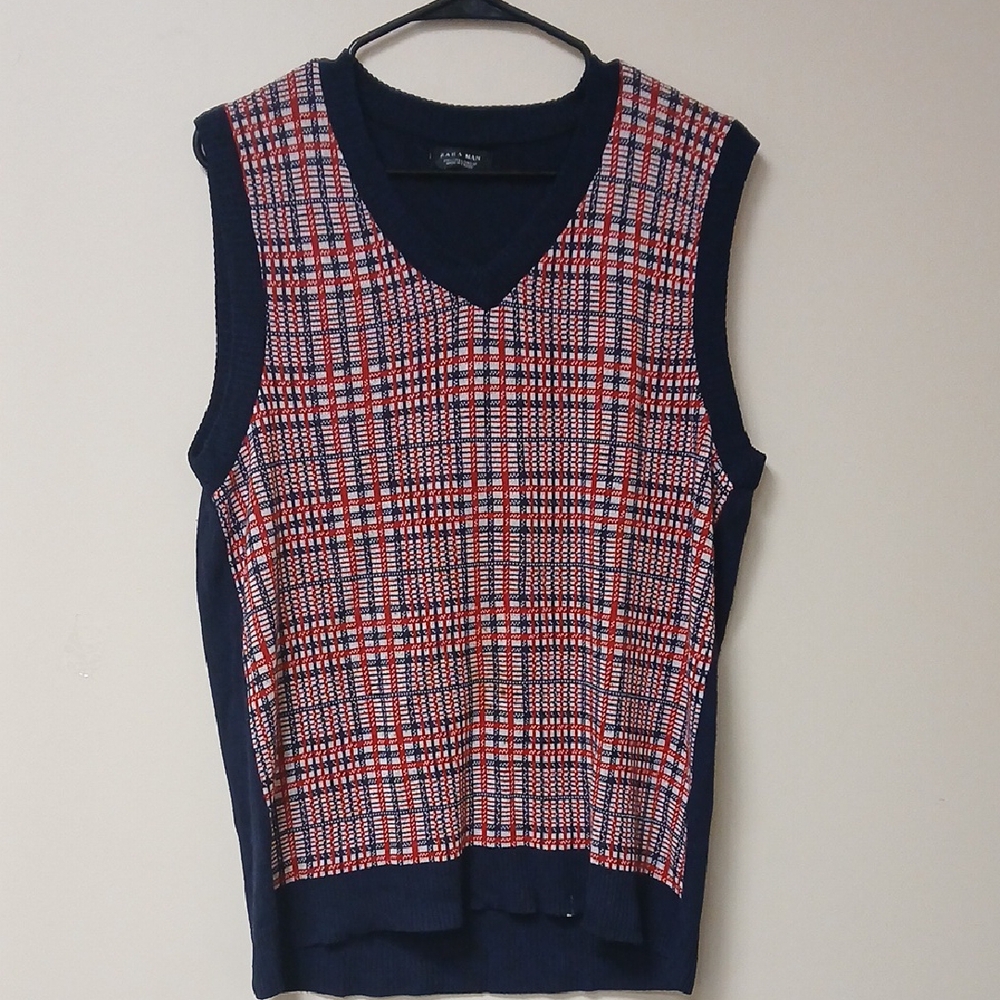 Zara Man Navy and Red Plaid Sleeveless Sweater